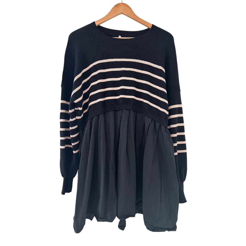 Striped Mixed Media Knit Woven Long Sleeve Mini Sweater Dress L Minimal Capsule